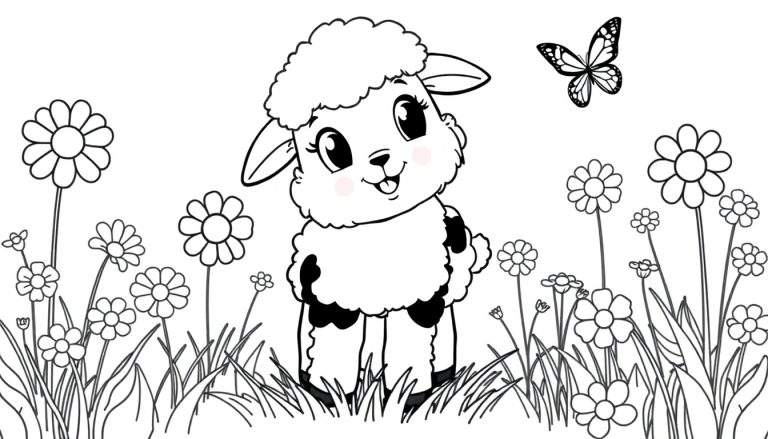 Placa de color de un corderito blanco y negro en un campo de flores.