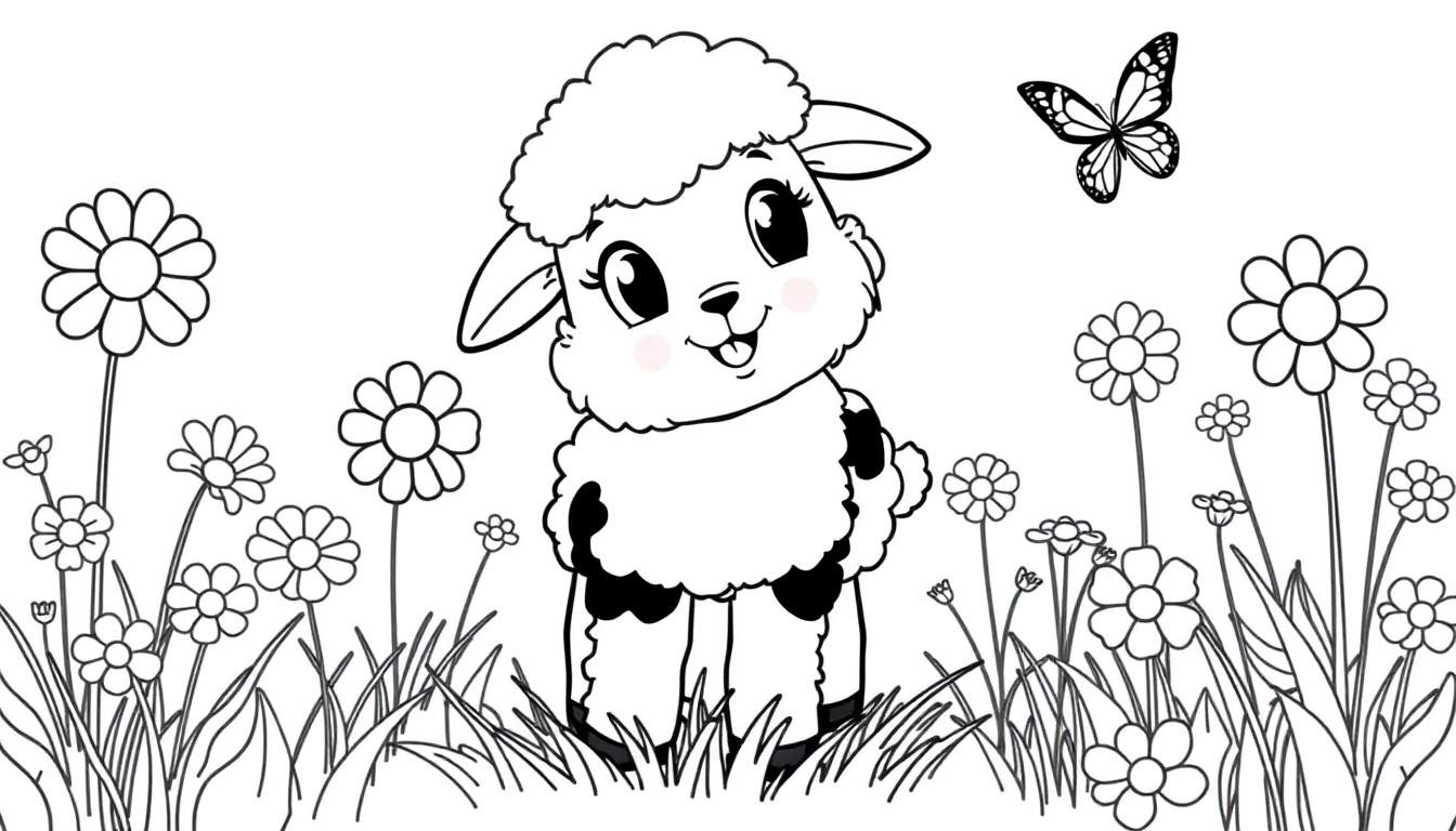 Placa de color de un corderito blanco y negro en un campo de flores.