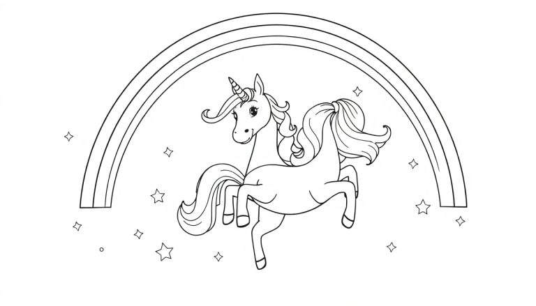 Placa de color de un unicornio blanco y negro saltando con estrellas y un arcoíris.