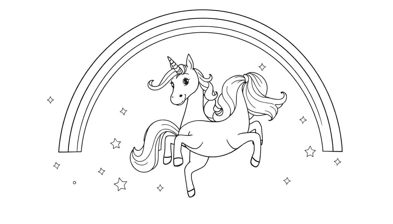 Placa de color de un unicornio blanco y negro saltando con estrellas y un arcoíris.