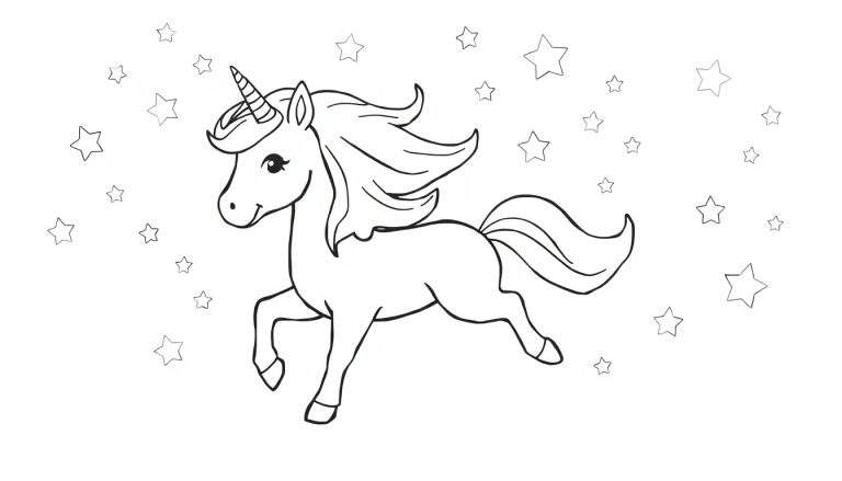 Placa de color de un unicornio mágico galopando entre estrellas.