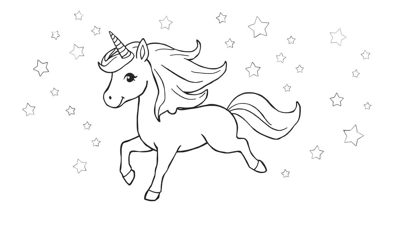 Placa de color de un unicornio mágico galopando entre estrellas.