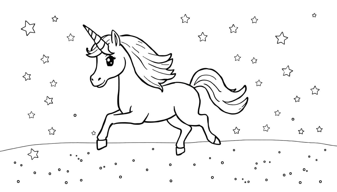 Placa de color de un unicornio mágico galopando entre estrellas.
