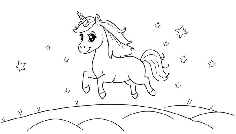 Placa de color de un unicornio amistoso saltando sobre colinas bajo un cielo estrellado.