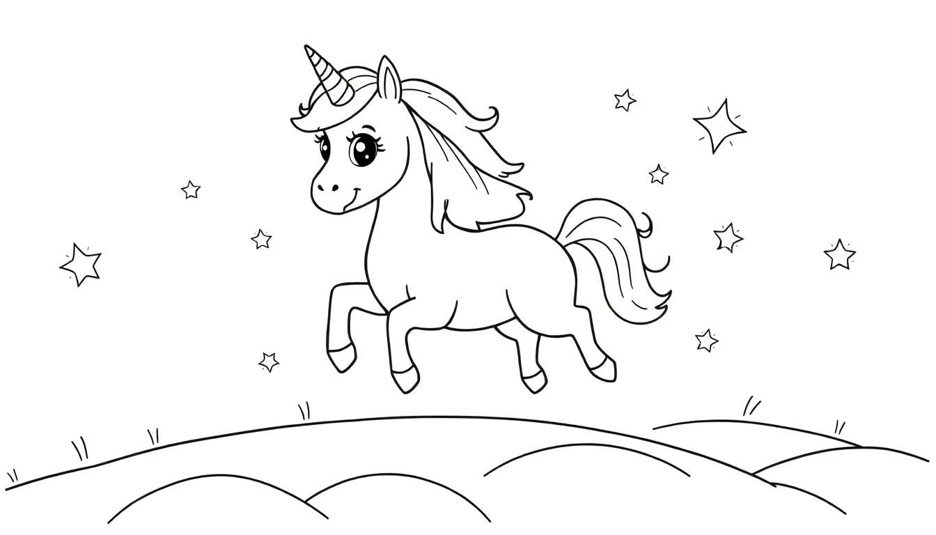 Placa de color de un unicornio amistoso saltando sobre colinas bajo un cielo estrellado.