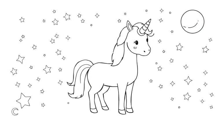 Placa de color de un unicornio mágico con estrellas y lunas.