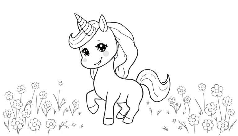 Página para colorear de un unicornio sonriente con contornos gruesos y flores, lista para la placa de color.