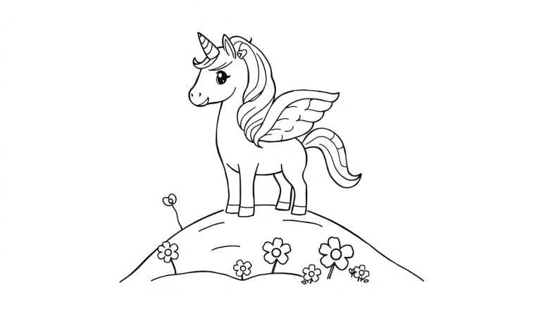 Placa de color de un unicornio alado caricaturesco sobre una colina floral.