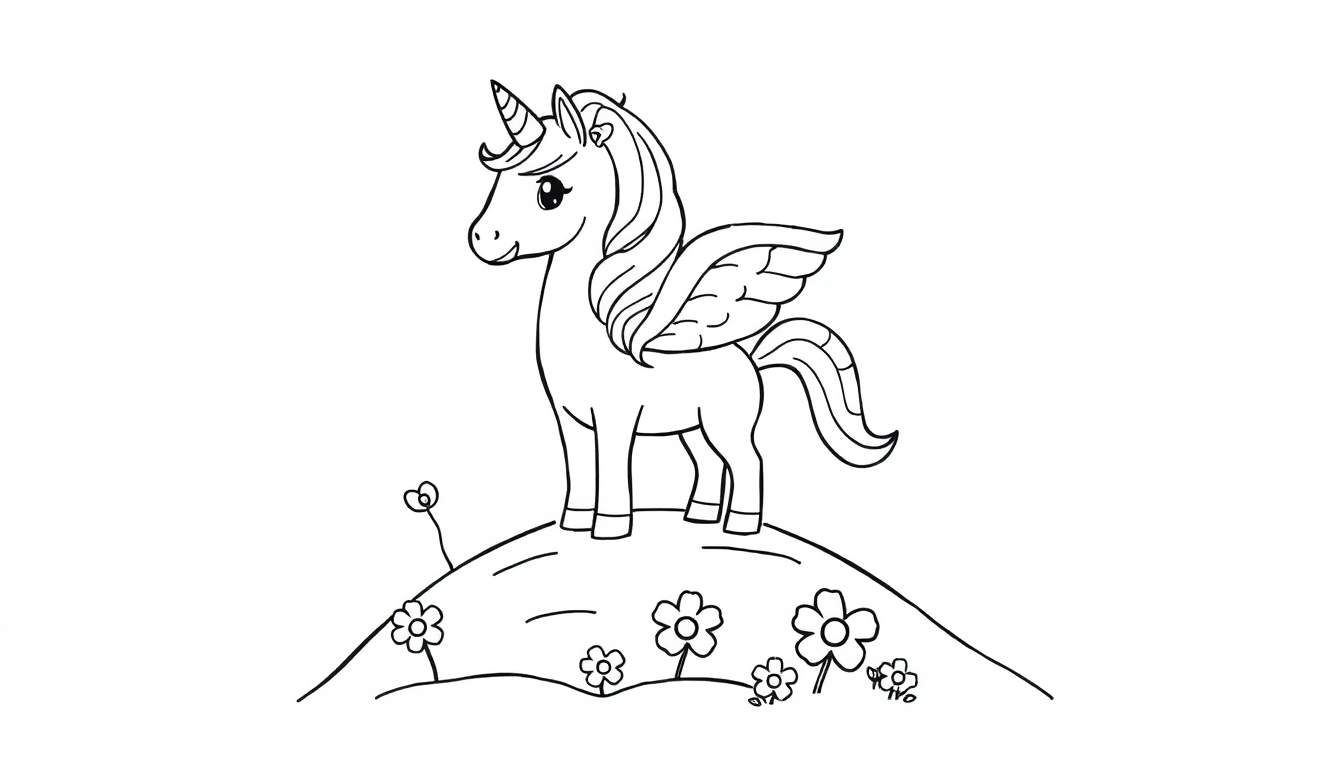 Placa de color de un unicornio alado caricaturesco sobre una colina floral.