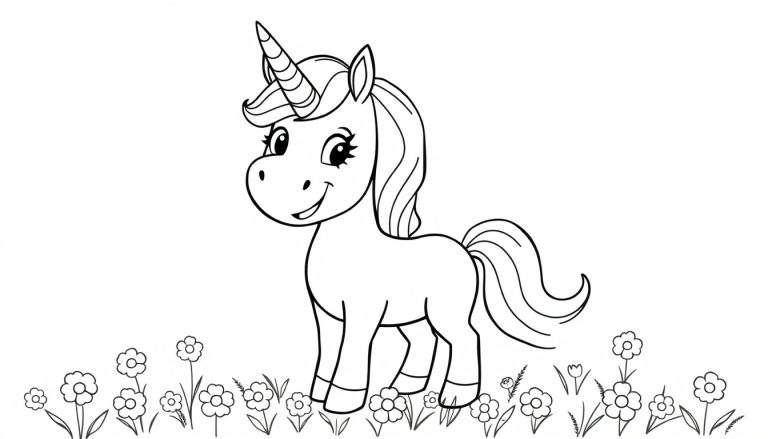 Placa de color de un unicornio sonriente en un campo de flores.