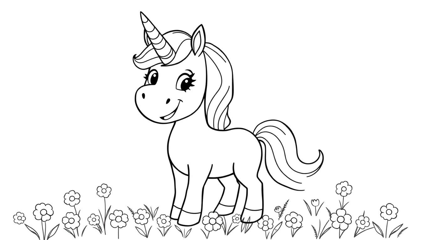 Placa de color de un unicornio sonriente en un campo de flores.