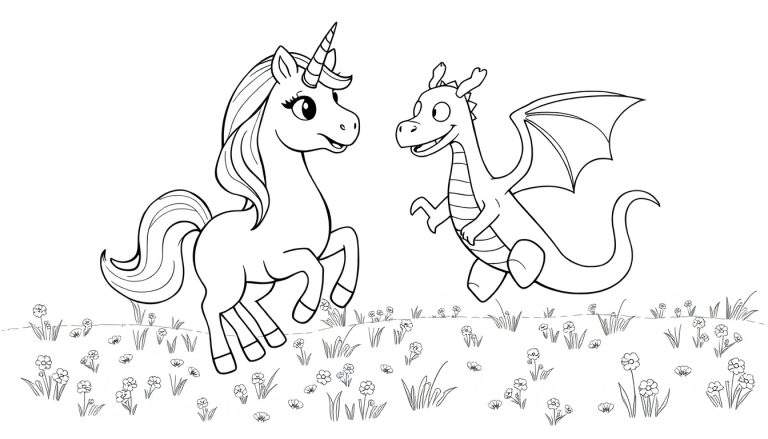 Placa de color de un unicornio y un dragón jugando juntos en un campo de flores.
