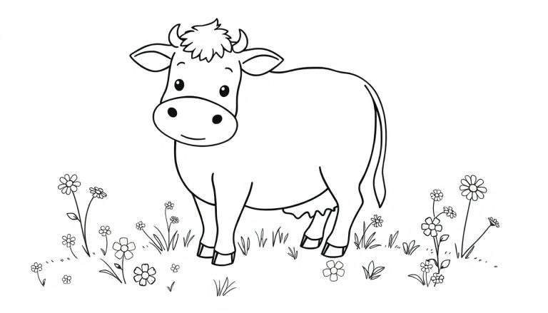 Placa de color de una vaca feliz entre flores y hierba.