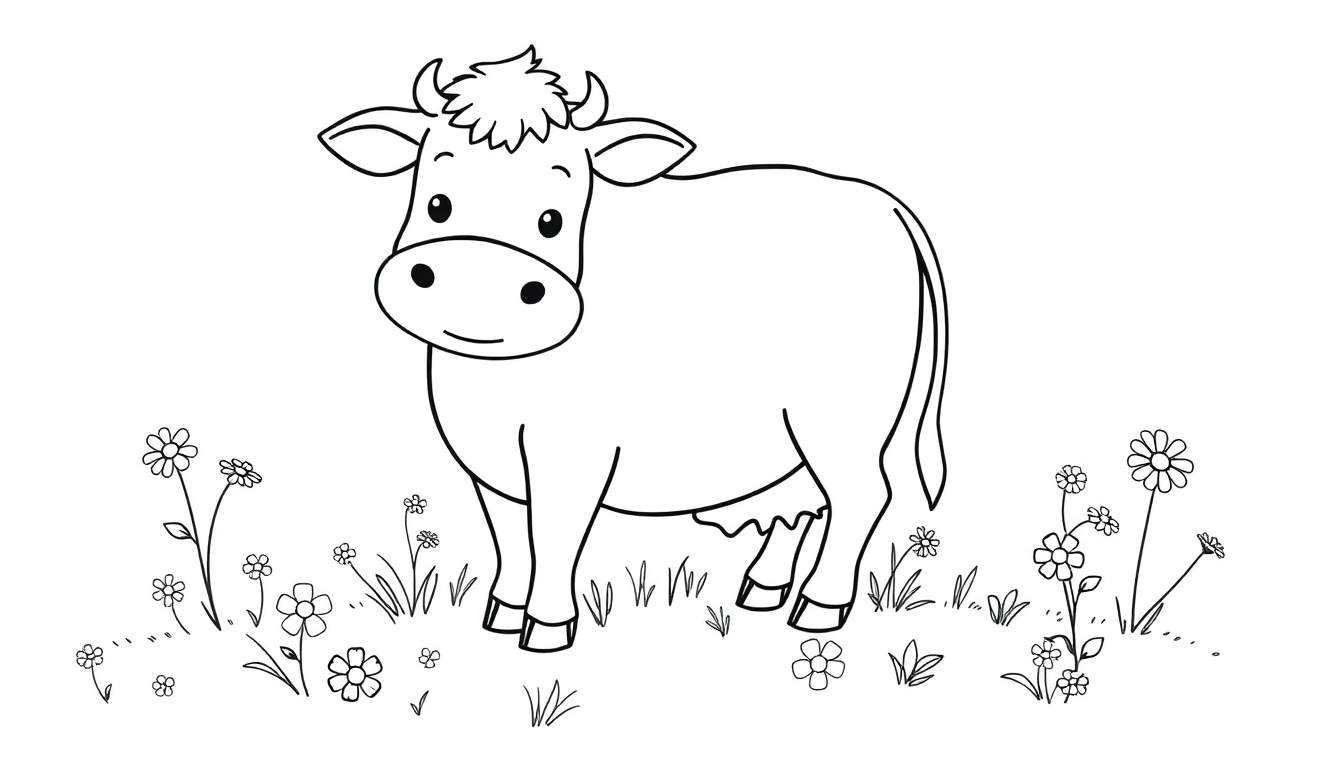 Placa de color de una vaca feliz entre flores y hierba.