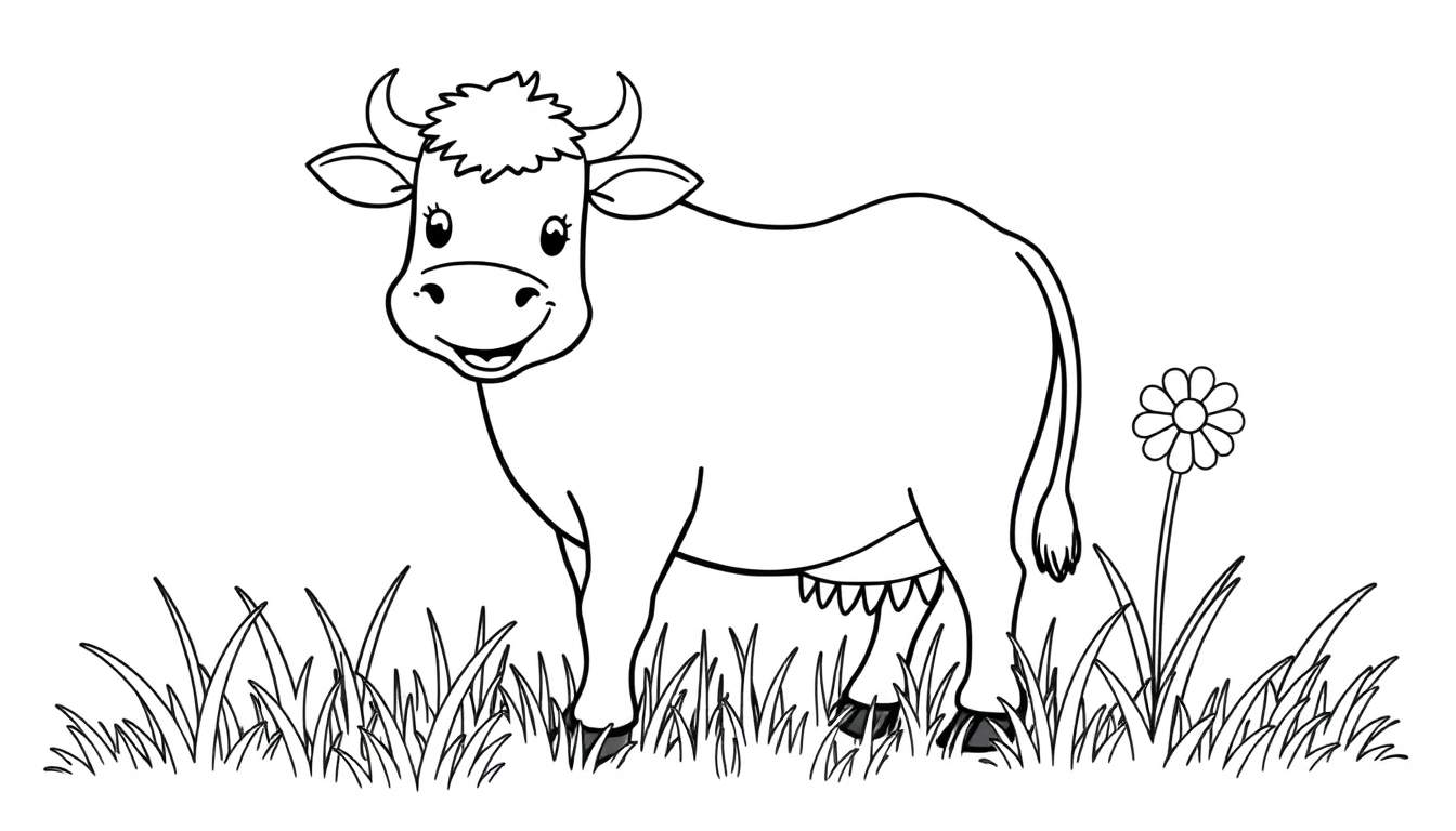 Placa de color de una vaca sonriente en un prado.