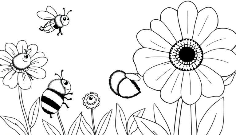 Placa de color con tres flores sonrientes y abejas felices.