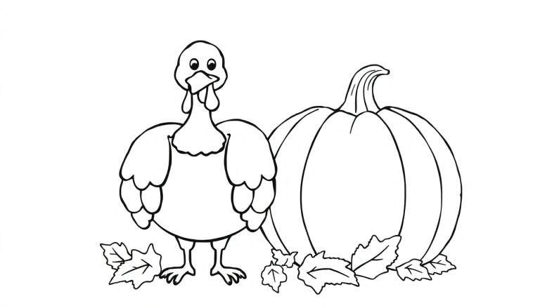 Placa de color de un pavo amigable y una calabaza para colorear.