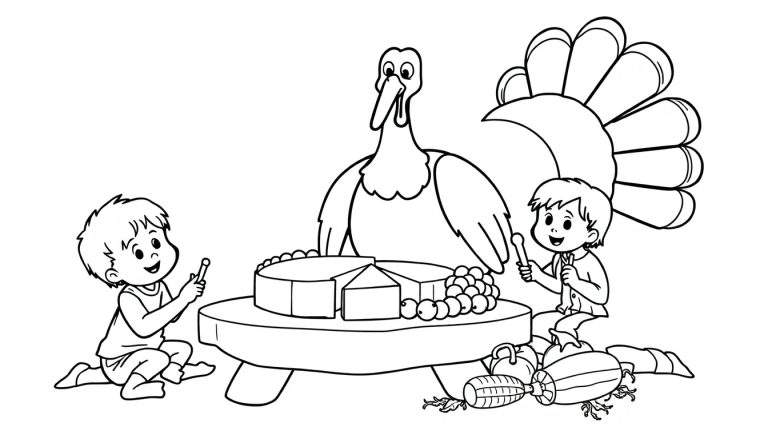 Placa de color de un pavo con niños disfrutando de una comida de Acción de Gracias.