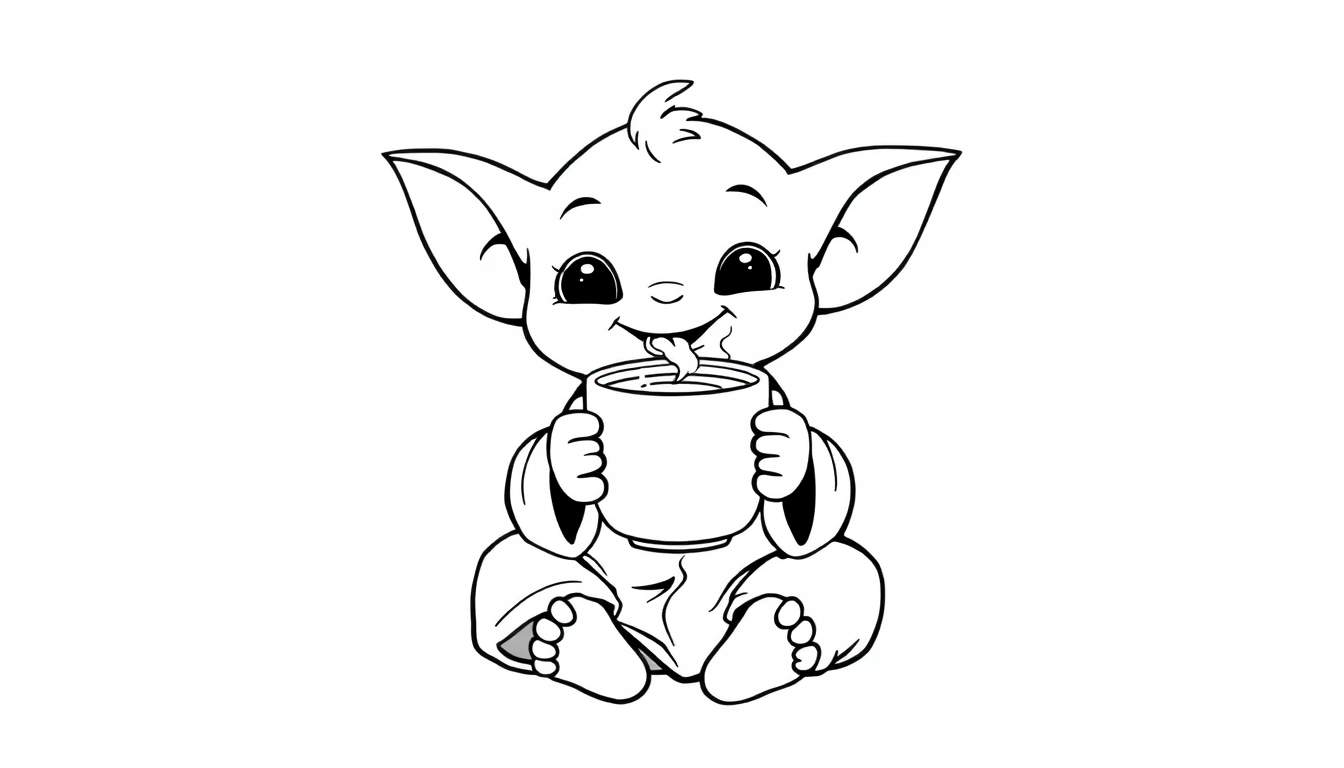 Placa de color de Baby Yoda sentado con las piernas cruzadas, sonriendo y bebiendo de una taza.