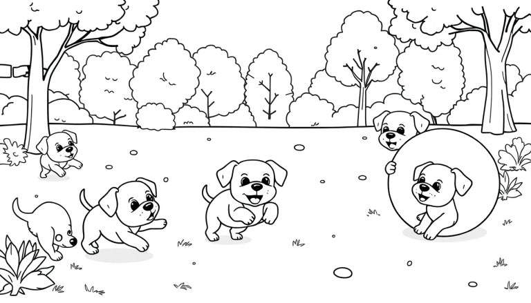 Página para colorear de cachorros jugando alrededor de círculos de colores, con un diseño de líneas.