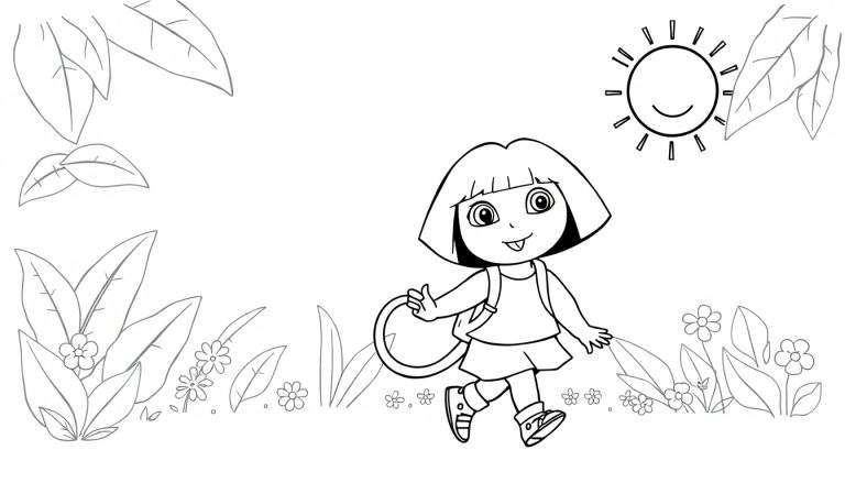 Placa de color de Dora la Exploradora en una selva soleada.