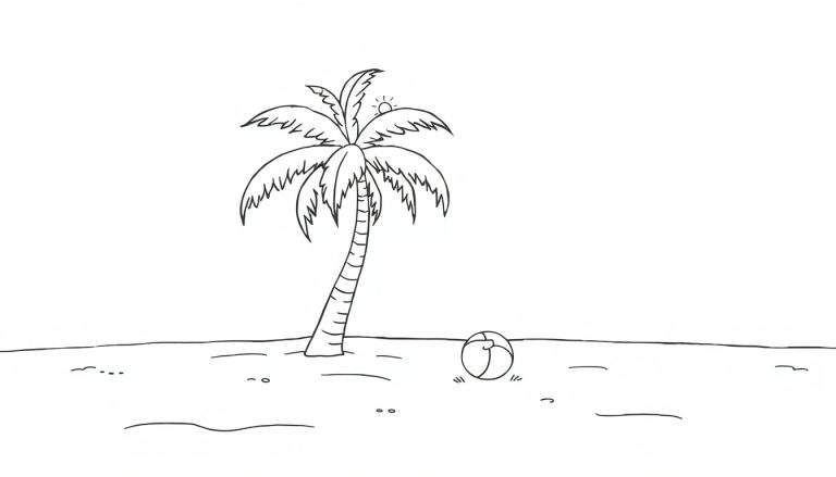 Una placa de color de una playa con una palmera y una pelota de playa.
