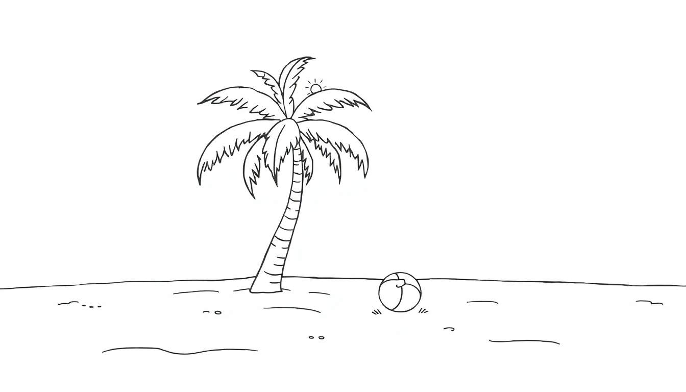 Una placa de color de una playa con una palmera y una pelota de playa.