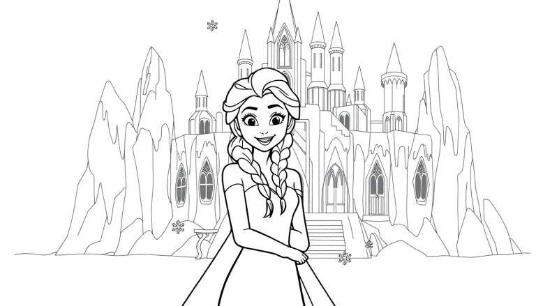 Elsa de Frozen, una placa de color, sonriendo frente a su castillo de hielo.