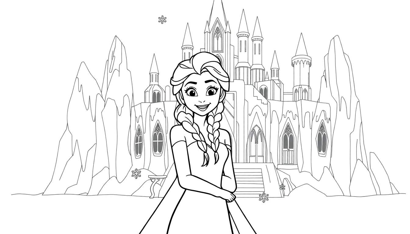 Elsa de Frozen, una placa de color, sonriendo frente a su castillo de hielo.