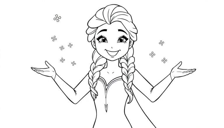 Placa de color de Elsa sonriendo con los brazos abiertos y copos de nieve alrededor.