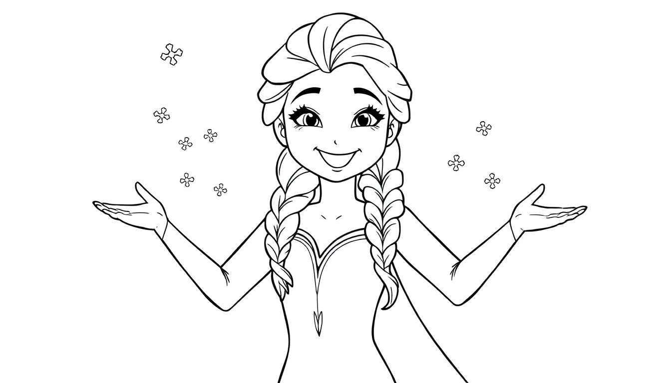 Placa de color de Elsa sonriendo con los brazos abiertos y copos de nieve alrededor.
