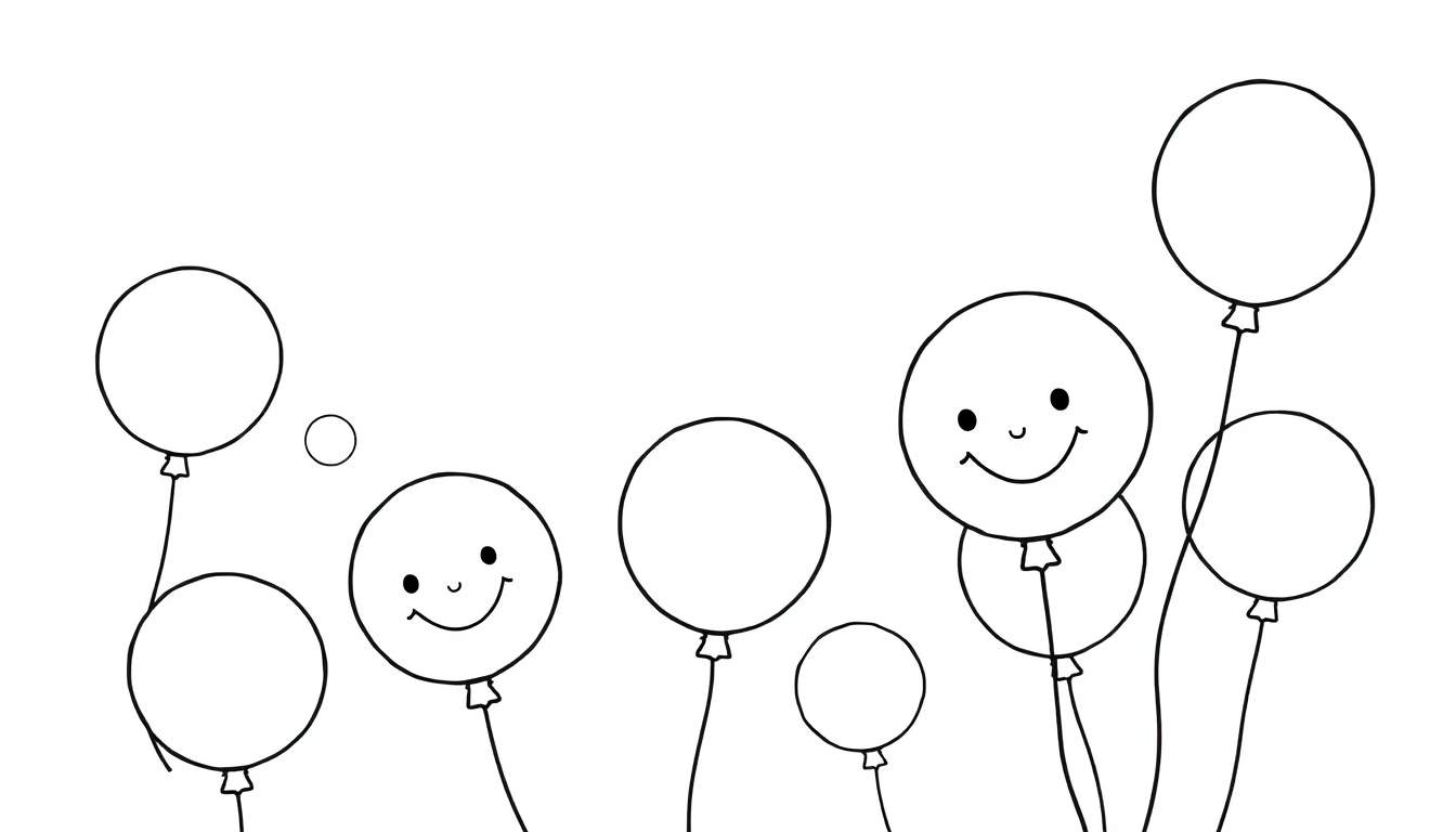 Placa de color con globos sonrientes flotando.