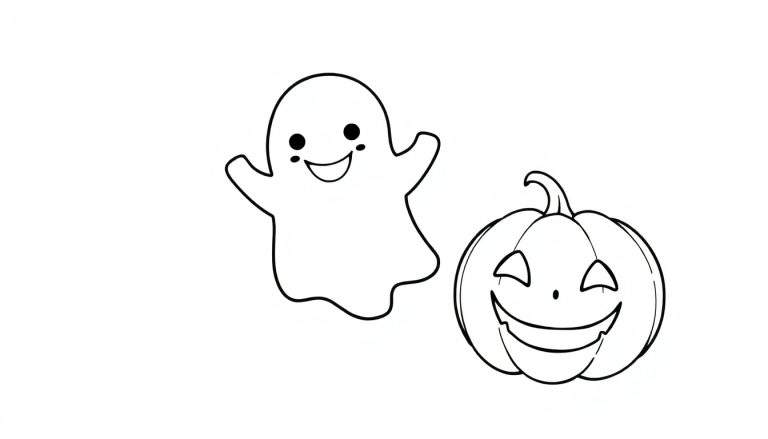 Placa de color de un fantasma amigable y una calabaza sonriente para Halloween.