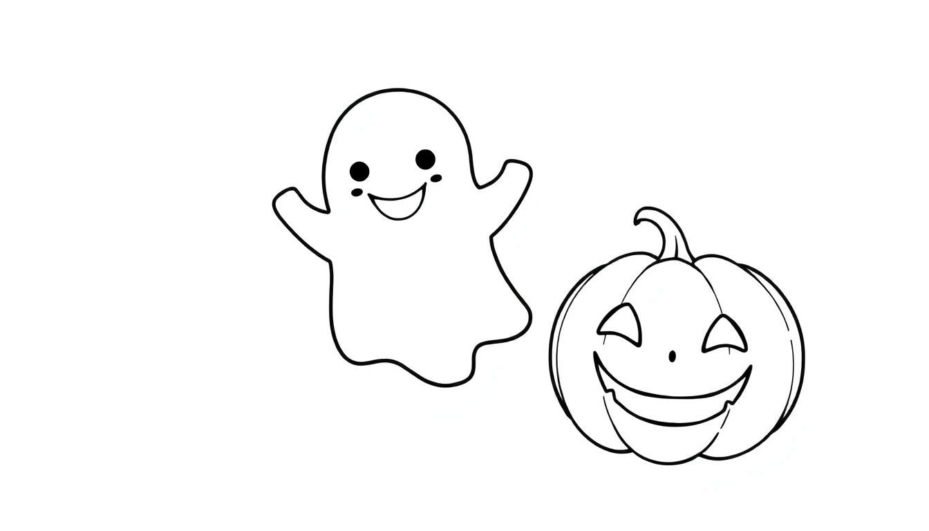 Placa de color de un fantasma amigable y una calabaza sonriente para Halloween.