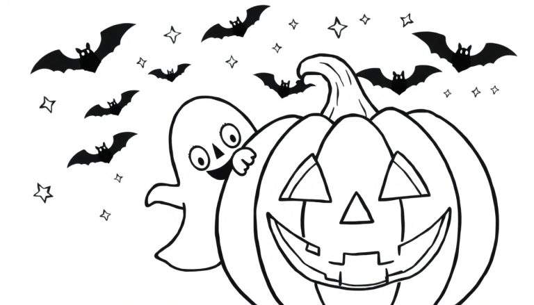 Placa de color de Halloween con un fantasma amigable detrás de una calabaza sonriente.