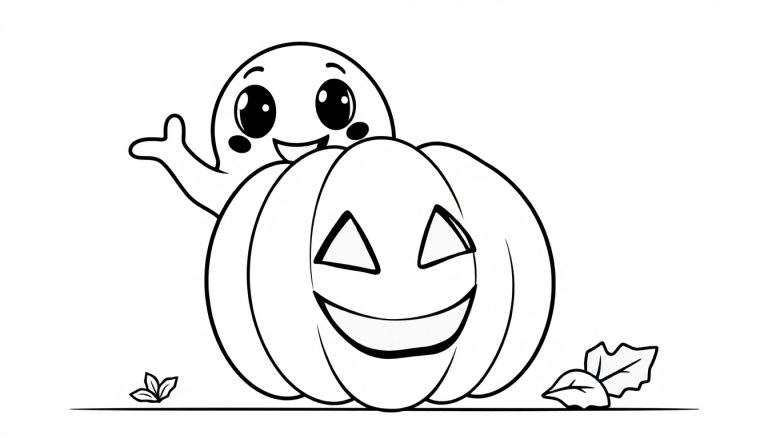 Placa de color: Fantasma sonriente saliendo de una calabaza sonriente con hojas en la parte inferior.