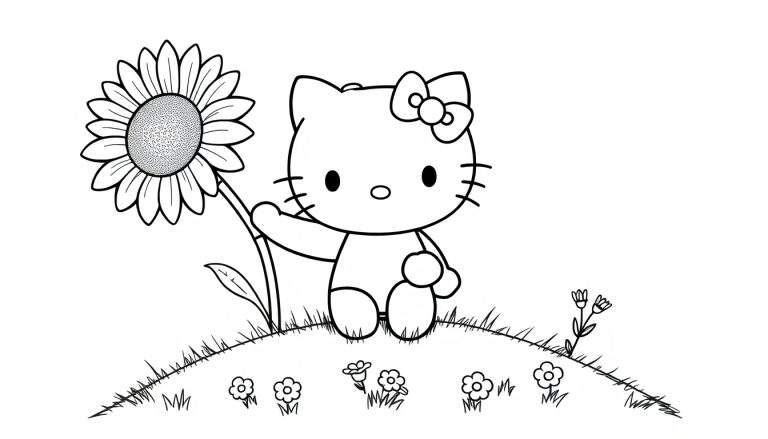 Hello Kitty sosteniendo un girasol en una placa de color.