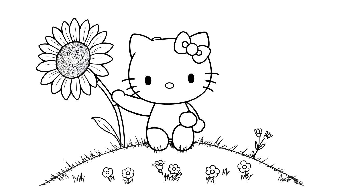 Hello Kitty sosteniendo un girasol en una placa de color.