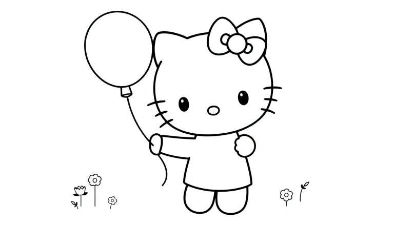 Hello Kitty sosteniendo un globo rojo en un campo de flores, lista para colorear en esta placa de color.