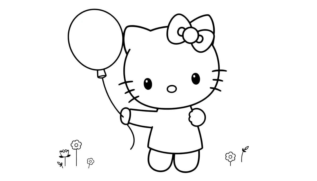 Hello Kitty sosteniendo un globo rojo en un campo de flores, lista para colorear en esta placa de color.