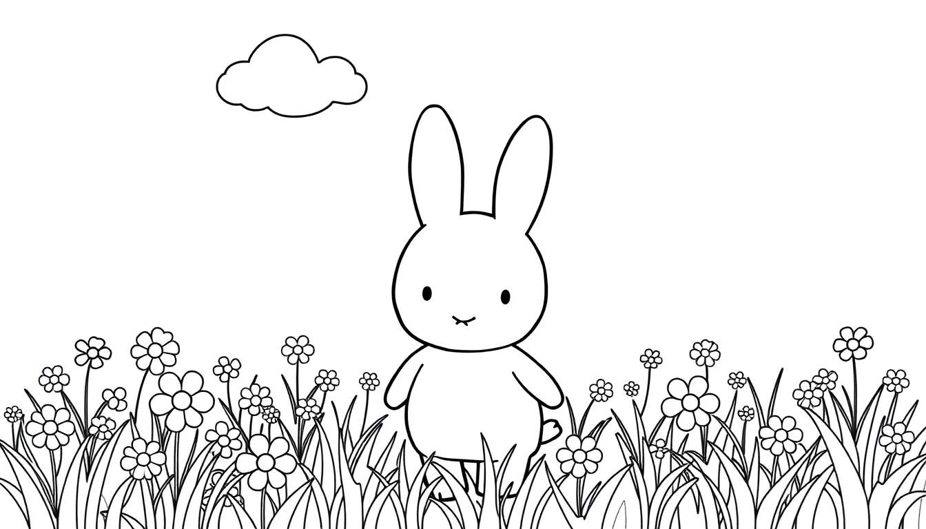 Miffy, un conejo en blanco y negro, rodeado de flores, listo para ser coloreado en una placa de color.