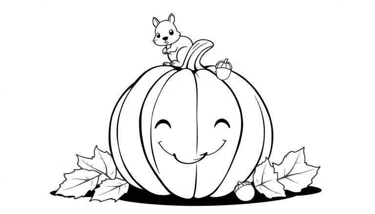 Placa de color de otoño con calabaza, ardilla y bellotas