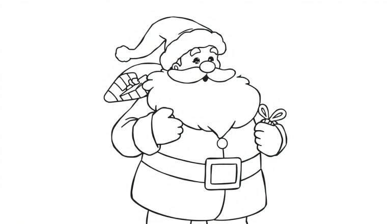 Papá Noel en una placa de color, sonriendo, con un saco lleno de regalos, listo para repartir alegría, página para colorear en blanco y negro.