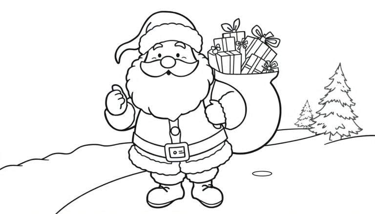 Placa de color de Papá Noel sonriendo con el pulgar hacia arriba, rodeado de regalos y árboles de Navidad.