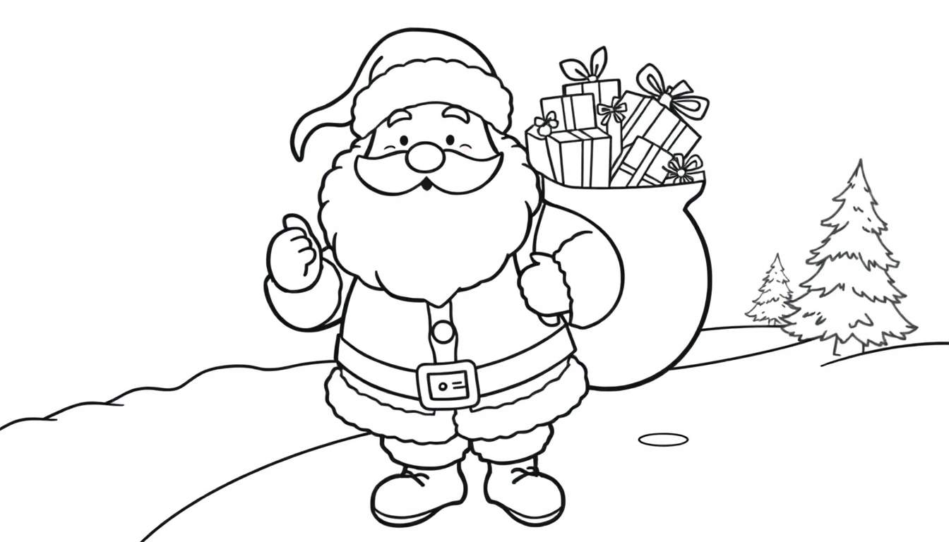 Placa de color de Papá Noel sonriendo con el pulgar hacia arriba, rodeado de regalos y árboles de Navidad.