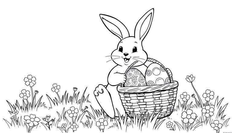 Placa de color con un lindo conejito de Pascua sentado junto a una cesta llena de huevos decorados.