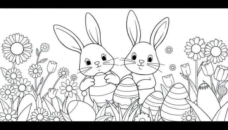 Placa de color con dos conejos de Pascua sosteniendo huevos decorados en un campo de flores.