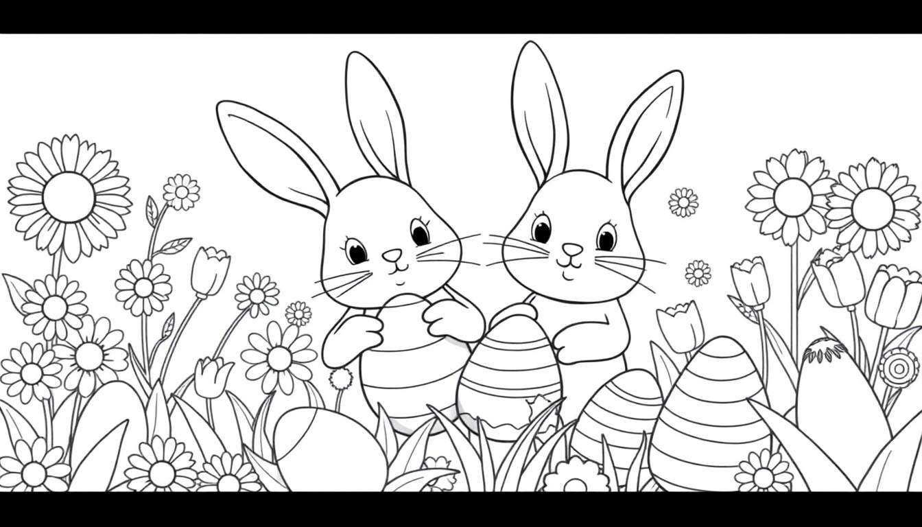 Placa de color con dos conejos de Pascua sosteniendo huevos decorados en un campo de flores.