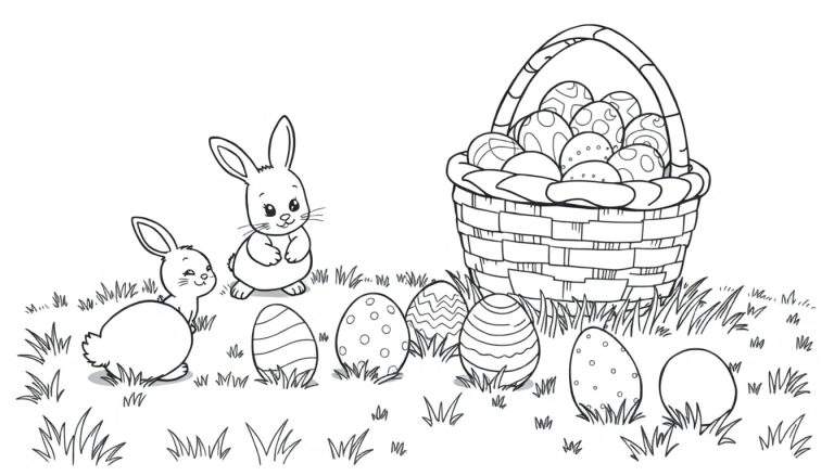 Ilustración de Pascua en blanco y negro de conejitos de Pascua buscando huevos de Pascua en una cesta en la placa de color.