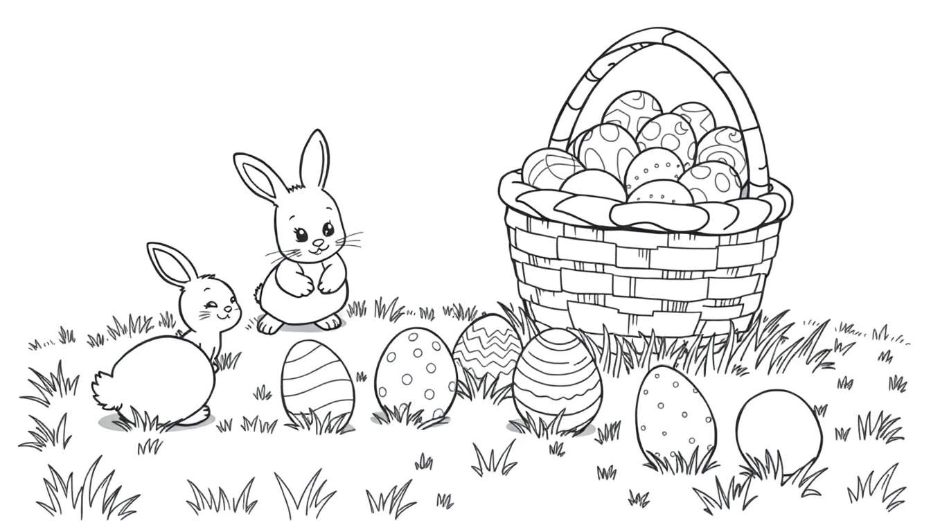 Ilustración de Pascua en blanco y negro de conejitos de Pascua buscando huevos de Pascua en una cesta en la placa de color.